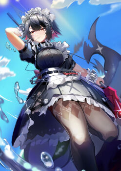 Rule 34 | 1girl, azuki pii, black dress, black hair, black pantyhose, blue eyes, candy, colored inner hair, commentary request, day, dress, ellen joe, fins, fish tail, food, hairband, highres, holding, holding weapon, lollipop, lollipop in mouth, long hair, maid, maid headdress, metal hairband, mole, mole under eye, multicolored hair, orange eyes, outdoors, pantyhose, razor blade hair ornament, scar, scar on tail, shark girl, shark tail, short hair, short sleeves, solo, spiked headband, tail, very long hair, weapon, zenless zone zero