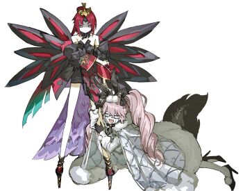 Rule 34 | 2girls, animal ears, bare shoulders, beni-enma, beni-enma alter, coat, crying, fate/grand order, fate (series), fgolz7l, fox tail, glasses, high heels, highres, holding, holding sword, holding weapon, koyanskaya (assassin) (second ascension) (fate), koyanskaya (fate), long hair, multiple girls, open clothes, open coat, pink hair, rabbit ears, red hair, sword, tail, weapon, white coat