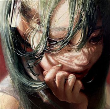 1girl black_eyes commentary_request eyelashes green_hair hair_ornament hand_on_own_cheek hand_on_own_face hatsune_miku highres nose oil_painting_(medium) open_mouth painting_(medium) parted_lips photorealistic realistic solo tanabe_motoha traditional_media twintails vocaloid
