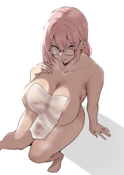 1girl absurdres arm_support breasts collarbone double-parted_bangs foot_out_of_frame from_above glasses hair_between_eyes hand_on_own_chest highres large_breasts long_hair looking_at_viewer mon_(manarestra) naked_towel parted_lips pink_eyes pink_hair see-through_towel simple_background sitting solo towel tsukishiro_yanagi wet wet_towel white_background zenless_zone_zero