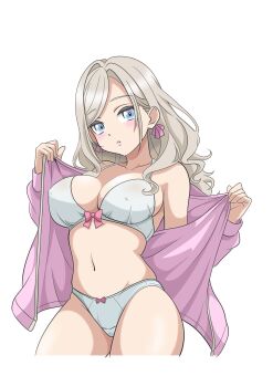 1girl bare_shoulders blue_eyes bow bow_bra bow_panties bra breasts ceras_yanagida_lilienfeld cleavage collarbone commentary covered_erect_nipples cowboy_shot cropped_legs grey_hair hair_ribbon hashtag-only_commentary highres jacket large_breasts link!_like!_love_live! long_hair long_sleeves looking_at_viewer love_live! love_love_comedy navel open_clothes open_jacket panties pink_bow pink_jacket pink_ribbon ribbon simple_background solo stomach underwear virtual_youtuber wavy_hair white_background white_bra white_panties