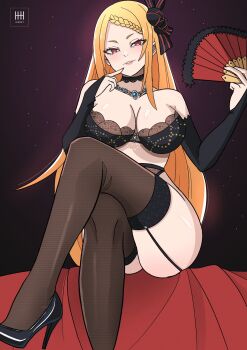 Rule 34 | 1girl, alternate costume, artist logo, bare shoulders, black bridal gauntlets, black flower, black rose, blush, braid, braided bangs, breasts, bridal gauntlets, choker, cleavage, commentary, commission, crossed legs, english commentary, finger to mouth, flower, folding fan, foot out of frame, full body, garter straps, hair ornament, hand fan, hand up, high heels, highres, holding, holding fan, ihsnet, jewelry, lace-trimmed choker, lace trim, large breasts, lingerie, lipstick, logo, long hair, looking at viewer, makeup, on bed, orange hair, parted lips, patent heels, priscilla barielle, pumps, re:zero kara hajimeru isekai seikatsu, red eyes, rose, shoes, single braid, sitting, smile, solo, stiletto heels, thighhighs, underwear