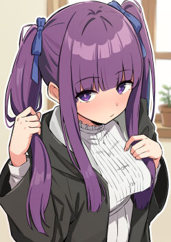 1girl alternate_hairstyle amenocchi black_jacket blue_ribbon blush closed_mouth commentary_request dress fern_(sousou_no_frieren) hair_ribbon highres jacket long_hair open_clothes open_jacket purple_eyes purple_hair ribbon solo sousou_no_frieren twintails white_dress