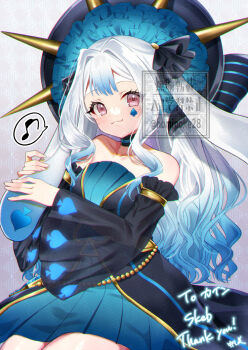 1girl animal_ears aqua_hair bare_shoulders black_sleeves blue_dress blue_hair blush breasts checkered_background closed_mouth collarbone commentary_request commission detached_sleeves dress duel_monster gradient_hair hair_intakes homi28 long_hair long_sleeves looking_at_viewer maliss_<p>_march_hare multicolored_hair musical_note rabbit_ears rabbit_girl skeb_commission solo spade_(shape) speech_bubble spoken_musical_note strapless strapless_dress very_long_hair watermark white_hair yu-gi-oh!