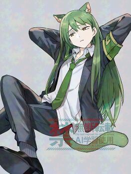 1boy androgynous animal_ear_fluff animal_ears black_suit cat_boy cat_ears cat_tail collared_shirt commentary_request formal_clothes green_hair green_necktie grey_background kemonomimi_mode lobotomy_corporation long_hair male_focus medu_(rubish) necktie netzach_(project_moon) project_moon shirt sitting solo suit tail very_long_hair watermark white_shirt yellow_eyes