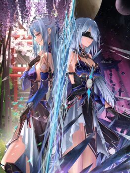 1girl absurdres age_comparison aqua_flower architecture artist_name axylon back-to-back black_gloves blindfold blue_sleeves breasts bush cherry_blossoms cleavage_cutout closed_mouth clothing_cutout commentary detached_sleeves dual_persona east_asian_architecture english_commentary flower gloves half_updo hanging_flower highres honkai:_star_rail honkai_(series) jingliu_(honkai:_star_rail) large_breasts long_hair long_sleeves looking_down moon outdoors pink_flower planet red_eyes ruins shirt shrine space split_screen sword torii vegetation very_long_hair weapon white_hair