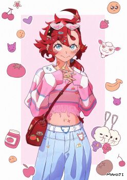 1girl ahoge artist_name asymmetrical_bangs bag bandaid bandaid_on_hand belt black_hairband blue_eyes blue_nails buckle charm_(object) contrapposto cowboy_shot emoji emoticon facial_mark goat gundam gundam_suisei_no_majo hair_between_eyes hair_ornament hairband hairclip heart heart-shaped_buckle highres jewelry long_hair long_sleeves looking_at_viewer low_ponytail midriff multicolored_nails mwoji navel necklace pants pink_nails pink_sweater pleading_face_emoji ponytail red_hair ring safety_pin solo sticker sticker_on_face striped_clothes striped_sweater suletta_mercury sweater thick_eyebrows too_many torn_clothes torn_sweater tycho_(gundam) white_belt white_pants y2k_fashion yellow_nails