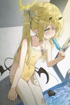 1girl absurdres blonde_hair blue_archive demon_tail demon_wings food halo highres horns ibuki_(blue_archive) long_hair merong_(sou47897) one-piece_swimsuit popsicle solo swimsuit tail wings yellow_eyes