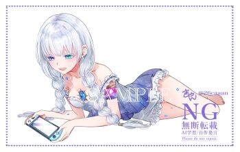 1girl bare_shoulders barefoot blue_dress blue_eyes blue_gemstone blush braid breasts commentary_request commission dress earrings full_body gem handheld_game_console heterochromia highres holding holding_handheld_game_console inset_border jewelry long_hair lying nintendo_switch open_mouth original sample_watermark short_dress simple_background skeb_commission small_breasts smile solo twin_braids watermark white_background white_hair wispy_bangs xxcaaan