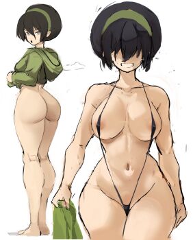 1girl aged_up alternate_breast_size_(larger) ass avatar:_the_last_airbender avatar_legends bikini black_bikini black_hair breasts collarbone commentary cropped_hoodie curvy english_commentary from_behind full_body green_hairband green_hoodie grin hair_over_eyes hairband highres holding holding_towel hood hoodie kneepits large_breasts looking_at_viewer multiple_views navel pear-shaped_figure rakeemspoon short_hair simple_background slingshot_swimsuit smile standing stomach swimsuit thighs toph_beifong towel white_background wide_hips