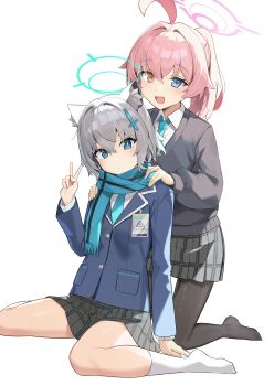 2girls absurdres abydos_high_school_logo ahoge animal_ear_fluff animal_ears aqua_halo aqua_necktie black_pantyhose blazer blue_archive blue_eyes blue_jacket bright_pupils closed_mouth collared_shirt commentary_request cross cross_hair_ornament fang grey_hair grey_skirt grey_sweater hair_intakes hair_ornament halo hand_up hands_on_another&#039;s_shoulders heterochromia highres hoshino_(blue_archive) hoshino_(second_year)_(blue_archive) huge_ahoge inverted_cross jacket kneeling layered_sleeves long_sleeves looking_at_viewer medium_hair miniskirt multiple_girls necktie open_mouth pantyhose pink_hair pink_halo plaid_clothes plaid_skirt pleated_skirt ponytail ryou_(ponpgo) shiroko_(blue_archive) shiroko_(young)_(blue_archive) shirt short_hair simple_background sitting skirt spread_legs sweater v v-neck white_background white_pupils white_shirt wing_collar yellow_eyes