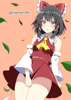1girl ascot blush bow brown_hair commentary_request detached_sleeves falling_leaves frilled_bow frilled_hair_tubes frills hair_bow hair_tubes hakurei_reimu highres kyanta5354 leaf long_hair looking_at_viewer midriff_peek navel orange_background red_bow red_eyes red_shirt red_skirt ribbon-trimmed_sleeves ribbon_trim shirt skirt skirt_set skirt_tug sleeveless sleeveless_shirt solo thighs touhou twitter_username wind wind_lift yellow_ascot