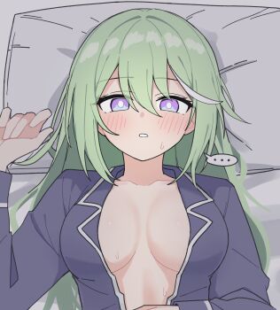 ... 1girl absurdres blush breasts breasts_apart bright_pupils commentary_request green_hair grey_pajamas grey_shirt hair_between_eyes hand_up head_on_pillow highres korean_commentary large_breasts long_bangs long_hair long_sleeves looking_at_viewer maksagwa multicolored_hair no_bra open_clothes open_shirt pajamas parted_lips pillow purple_eyes shirt solo spoken_ellipsis stellive streaked_hair sweat upper_body virtual_youtuber white_pupils yuzuha_riko