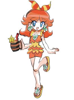Rule 34 | blue eyes, brown hair, commentary, drink, drinking straw, earrings, flower earrings, highres, jewelry, long hair, mario (series), mario kart, mario kart tour, nintendo, open mouth, princess daisy, princess daisy (swimwear) (mario kart tour), rakugaki shitagari-ya, sandals, simple background, smile, swimsuit, untranslatable commentary, white background