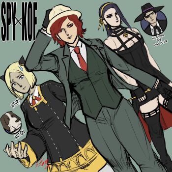 3girls black_eyes black_hair blonde_hair blue_eyes blue_mary breasts dress earrings female_focus formal_clothes hair_ornament hat heidern highres jewelry large_breasts long_hair luong medium_breasts medium_hair multiple_girls pale_skin pants short_hair spy_x_family standing suit taurence_bell the_king_of_fighters thick_thighs thighs vanessa_(kof)