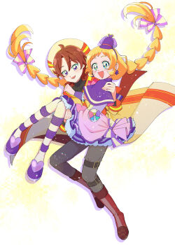 1boy 1girl :d absurdres belt beret black_shirt blonde_hair blue_eyes boots bow bow_earrings braid bright_pupils brown_boots brown_hair capelet carrying carrying_person chest_bow coat collarbone commentary couple cowlick cure_friendy deerstalker dress dress_bow earrings frilled_wrist_cuffs frills full_body grey_pants hair_between_eyes hair_bow hat hat_ornament heart heart_hat_ornament highres hinoki_(91011) inukai_iroha jewelry long_hair long_sleeves looking_ahead looking_down low_twin_braids magical_boy magical_girl open_mouth pact_holder pants petticoat pink_bow pouch precure princess_carry purple_bow purple_capelet purple_dress purple_eyes purple_hat purple_shoes purple_wrist_cuffs shirt shoes short_dress short_hair sleeve_cuffs smile sparkle striped_bow striped_coat striped_hat thigh_belt thigh_strap thighhighs tilted_headwear toyama_satoru triangle_mouth turtleneck turtleneck_shirt twin_braids very_long_hair white_background white_hat white_thighhighs wonderful_pact wonderful_precure! wrist_cuffs yellow_coat yellow_pupils