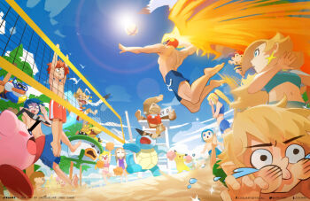 &gt;_&lt; 5girls 6+boys =_= animal_crossing attack ball beach bikini bird blue_male_swimwear blue_sky blue_swim_trunks bowser_jr. captain_falcon chair closed_eyes day donkey_kong donkey_kong_(series) f-zero facepalm fire fire_emblem fire_emblem:_mystery_of_the_emblem fire_emblem:_the_binding_blade fox_mccloud gen_1_pokemon hat helmet image_sample innertube jisuart jumping junior_clown_car kirby kirby_(series) lens_flare lifeguard lifeguard_chair link male_swimwear mario_(series) marth_(fire_emblem) mega_man_(character) mega_man_(classic) mega_man_(series) meta_knight metroid midair midriff mother_(series) mother_2 multiple_boys multiple_girls navel ness_(mother_2) nintendo o3o one-piece_swimsuit outdoors palm_tree pikachu pointy_ears pokemon pokemon_(creature) pom_pom_(cheerleading) princess_peach princess_zelda red_male_swimwear red_swim_trunks rosalina roy_(fire_emblem) samus_aran sand sand_castle sand_sculpture scoreboard scuba_gear seagull sky sports_bikini squirtle star_fox sunglasses sunlight super_mario_galaxy super_smash_bros. swim_ring swim_trunks swimsuit tears the_legend_of_zelda topless_male tree villager_(animal_crossing) volleyball volleyball_(object) volleyball_net