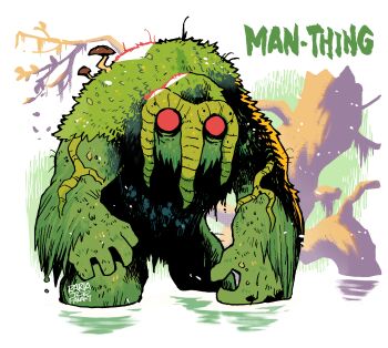 Rule 34 | 1boy, beak, character name, colored skin, commentary, creature, english commentary, flower, forest, grass, green hood, green skin, highres, jungle, man-thing, marvel, monster, nature, rariatto (ganguri), red eyes, solo, swamp monster, wetland