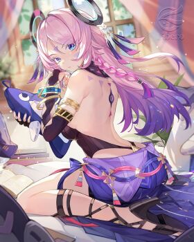 Rule 34 | 1girl, alt text, back, black gloves, black leotard, blue eyes, breasts, citlali (genshin impact), commentary, elbow gloves, english commentary, facial mark, fingerless gloves, floating headgear, genshin impact, gloves, headgear, high heels, highres, indoors, leotard, libero art, long hair, looking at viewer, parted lips, pink hair, purple sarong, sarong, sitting, small breasts, solo, triangle, triangle facial mark, very long hair, wariza