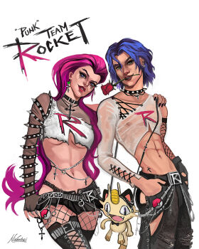 1boy 1girl abs absurdres asymmetrical_clothes asymmetrical_gloves belt_buckle blue_eyes blue_hair bow bowtie bracelet breasts buckle character_bag collar commentary covered_erect_nipples cowboy_shot cross cross_earrings curvy earrings english_commentary fishnets flower flower_in_mouth gen_1_pokemon gloves group_name highres james_(pokemon) jessie_(pokemon) jewelry long_hair makeup meowth midriff mismatched_gloves narrow_waist navel nikola_(nikkotari) nintendo pink_hair poke_ball pokemon pokemon_(anime) punk purple_hair red_flower red_lips red_rose rose runny_makeup see-through_clothes see-through_shirt shirt short_hair signature simple_background spiked_bracelet spiked_collar spikes toned toned_male underboob very_long_hair white_background