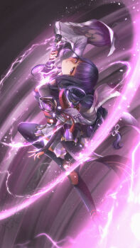 1girl absurdres andreas_meidy arm_up black_thighhighs blunt_bangs blurry braid breasts bridal_gauntlets cleavage commentary depth_of_field drawing_sword electricity english_commentary floating from_above from_side genshin_impact glowing glowing_sword glowing_weapon hair_ornament highres holding holding_sword holding_weapon human_scabbard japanese_clothes katana kimono long_braid looking_back mitsudomoe_(shape) musou_isshin_(genshin_impact) no_mole purple_background purple_eyes purple_hair purple_kimono raiden_shogun red_sash sash single_braid solo sword sword_between_breasts thighhighs tomoe_(symbol) weapon wide_sleeves