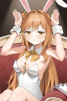 1girl absurdres animal_ears arms_up black_survival blush bow bowtie breasts brown_eyes chair closed_mouth collar commentary_request detached_collar double-parted_bangs embarrassed eternal_return:_black_survival fake_animal_ears hair_bun hair_intakes highres hug korean_commentary leotard long_hair looking_at_viewer medium_breasts notebook on_chair orange_hair paintbrush palms pencil pencil_in_hair playboy_bunny rabbit_ears rabbit_pose ruler single_side_bun sitting solo straight_hair sweat tia_(black_survival) white_collar white_leotard white_wrist_cuffs wing_collar wrist_cuffs yellow_bow yellow_bowtie yoonnong
