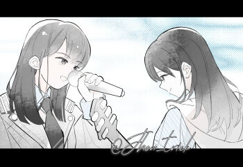 Rule 34 | 2girls, aoki hina, bang dream!, bang dream! it's mygo!!!!!, black hair, commentary request, guitar, highres, holding, holding microphone, instrument, jhon trick, kaname raana, letterboxed, long hair, microphone, multiple girls, music, playing guitar, playing instrument, real life, takamatsu tomori, voice actor, voice actor connection, youmiya hina