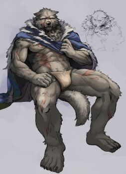 1boy abs animal_ears bara bare_pectorals barefoot beau_555 biceps black_fur blaidd_the_half-wolf blue_cape bulge cape claws closed_mouth elden_ring fangs fangs_out fundoshi furry furry_male highres japanese_clothes looking_at_viewer male_focus multiple_scars multiple_views muscular muscular_male navel open_mouth pectorals scar scar_on_arm scar_on_chest scar_on_face scar_on_leg tail wolf_boy wolf_ears wolf_tail