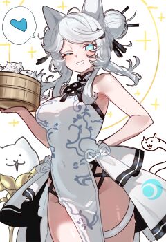 1girl absurdres animal_ears arm_behind_back armpit_crease bamboo_steamer bare_arms bare_shoulders blue_eyes blush breasts cat_(nyanko_daisensou) cat_ears china_dress chinese_clothes covered_navel dress ebora groin hair_bun heart highres long_hair looking_at_viewer lunacia_(nyanko_daisensou) medium_breasts nyanko_daisensou one_eye_closed pelvic_curtain side_slit sleeveless sleeveless_dress solo sparkle spoken_heart thick_thighs thighs