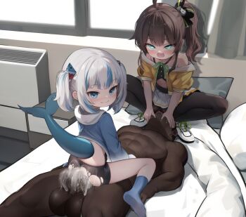 1boy 2girls age_difference aged_down ass bare_shoulders bed bike_shorts black_pantyhose black_shirt black_shorts blue_hair blue_hoodie blue_socks blush brown_hair closed_mouth clothes_lift cropped_jacket cropped_shirt cum cum_in_pussy cum_overflow cunnilingus cunnilingus_through_clothes dark-skinned_male dark_skin ejaculation eyebrows_hidden_by_hair feet ffm_threesome fins fish_tail foot_out_of_frame from_above from_behind gawr_gura girl_on_top green_eyes grey_hair group_sex hetero hololive hololive_english hood hood_down hoodie hoodie_lift indoors interracial interspecies jacket large_penis loli long_hair long_sleeves medium_hair mesugaki midriff multicolored_hair multicolored_jacket multiple_girls natsuiro_matsuri naughty_face navel off-shoulder_jacket off-shoulder_shirt off_shoulder on_bed open_mouth oral pantyhose penis ponytail rolling_eyes sex shark_girl shark_tail shirt short_sleeves shorts side_ponytail sitting sitting_on_face sitting_on_person size_difference skirt skirt_lift smile smug socks streaked_hair tail testicles threesome torn_clothes torn_shorts twintails two-tone_hair two-tone_hoodie two-tone_jacket vaginal variant_set very_dark_skin virtual_youtuber white_hoodie white_jacket white_skirt yellow_jacket yoko-chan_(mijizukeyoko)