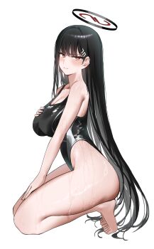 1girl absurdres bare_shoulders barefoot blue_archive blush breasts cleavage commentary competition_swimsuit hair_ornament hairclip halo highleg highleg_one-piece_swimsuit highres kneeling large_breasts long_hair looking_at_viewer one-piece_swimsuit red_eyes rio_(blue_archive) romaji_commentary simple_background solo swimsuit very_long_hair wet white_background yohwa