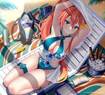 1girl absurdres arms_up beach_towel beer_bottle blue_one-piece_swimsuit blush bottle breasts bucket cleavage closed_mouth collarbone commentary_request day eiyuu_densetsu food gradient_hair hair_between_eyes hair_ornament hairclip helvetica_std highres ice_cream judith_lanster kai_no_kiseki kuro_no_kiseki_(series) long_hair looking_at_viewer lotion magazine_(object) medium_breasts multicolored_hair one-piece_swimsuit orange_hair outdoors palm_tree ponytail shirt sidelocks sitting smile solo sunglasses sunscreen swimsuit thigh_strap thighs towel tree two-tone_hair unworn_eyewear very_long_hair wariza water_bottle white_shirt