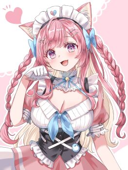 1girl absurdres ahoge animal_ears animal_print badge bell belt black_corset blue_bow blue_ribbon blush border bow braid breasts button_badge cat_ears cat_girl cat_hair_ornament cat_print chanmarorux cleavage corset dress eyelashes frilled_corset frills gloves hair_bow hair_ornament hairclip heart heart_print highres indie_virtual_youtuber jingle_bell large_breasts long_hair looking_at_viewer maid maid_headdress neck_bell neck_ribbon open_mouth pink_background pink_dress pink_eyes pink_hair pink_lips ribbon short_sleeves smile solo star_(symbol) star_hair_ornament suspenders two_side_up virtual_youtuber white_belt white_border white_dress white_gloves yuuki_sakuna yuuki_sakuna_(3rd_costume)