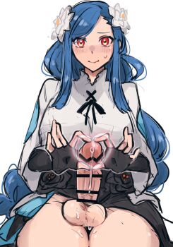 1futa blue_hair blush braid braided_ponytail breasts cum cumdrip dizzy_(guilty_gear) erection flower futanari guilty_gear guilty_gear_strive hair_flower hair_ornament heart heart_hands highres large_breasts large_penis long_hair looking_at_viewer mature_female nkmr_863 penis queen_dizzy red_eyes sitting solo testicles thick_thighs thighs
