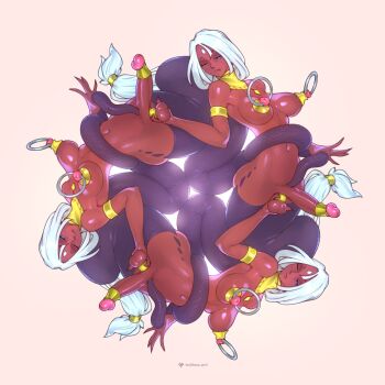 Rule 34 | 3futa, armlet, artist name, breasts, cock ring, commentary, english commentary, futanari, hair rings, highres, jewelry, lamia, large breasts, large nipples, large penis, long hair, monster girl, multiple futa, nipples, original, penis, rotational symmetry, sex toy, simple background, snake tail, tail, tailbox, testicles, white hair