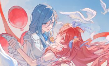 2girls balloon bird blue_eyes blue_hair blue_sky breasts cleavage commentary day dress earrings falling_feathers feathers gloves hand_on_another's_waist highres hinomori_shizuku jacket jangkrikz jewelry long_hair looking_at_another mole mole_under_mouth momoi_airi multiple_girls necklace open_mouth outdoors pink_eyes pink_hair project_sekai sky two_side_up white_bird white_dress white_gloves white_jacket yuri