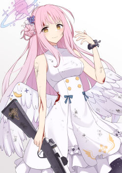 1girl akahi_(akahi242) angel_wings badge black_scrunchie blood blue_archive blue_ribbon breasts brown_eyes button_badge capelet commentary_request cowboy_shot dress feathered_wings flower frilled_dress frills gun hair_bun hair_flower hair_ornament halo highres holding holding_gun holding_weapon injury lanchester_smg long_hair looking_at_viewer low_wings medium_breasts mika_(blue_archive) pink_hair pink_halo ribbon scrunchie sidelocks single_hair_bun single_side_bun sleeveless sleeveless_dress solo standing submachine_gun weapon white_background white_dress white_wings wings wrist_scrunchie yellow_eyes