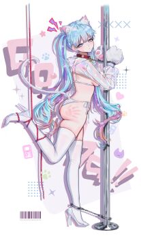 1girl absurdres animal_ear_fluff animal_ears animal_hands ass bikini blue_eyes blue_hair blush cat_ears cat_girl cat_tail closed_mouth collar commentary commission from_side full_body gloves high_heels highres long_hair looking_at_viewer looking_to_the_side merumeko original paw_gloves pole red_collar side-tie_bikini_bottom slap_mark solo standing stripper_pole swimsuit symbol-only_commentary symbol-shaped_pupils tail thighhighs thighs twintails white_background white_bikini white_gloves white_thighhighs
