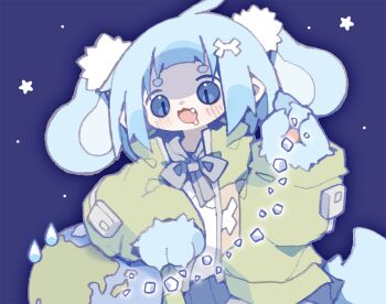 1girl :3 absurdres animal_ears animal_hands arm_rest blue_background blue_eyes blue_fur blue_hair bone_hair_ornament claws collared_jacket dog_ears dog_girl dog_tail earth_(planet) fang giant giantess green_jacket grey_sailor_collar grey_serafuku hair_ornament hand_up high_collar highres jacket long_sleeves looking_at_object medium_hair night night_sky nikamoka open_clothes open_jacket open_mouth original planet pleated_skirt pom_pom_(clothes) pom_pom_hair_ornament sailor_collar school_uniform serafuku short_eyebrows sidelocks simple_background skirt sky slit_pupils solo space star_(sky) sweatdrop tail upper_body