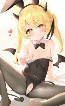 1girl absurdres animal_ears black_bow black_horns black_leotard black_pantyhose black_tail black_wings blonde_hair blue_archive blush bow censored cleft_of_venus closed_mouth commentary covered_navel crotch_zipper demon_horns demon_tail demon_wings detached_collar fake_animal_ears flasher_(flasher_ura) flat_chest hair_between_eyes halo heart heart_censor highres horns ibuki_(blue_archive) leotard loli long_hair looking_at_viewer naughty_face nipples pantyhose playboy_bunny pointy_ears pussy rabbit_ears side_ponytail smile solo spread_nipple strapless strapless_leotard tail tongue tongue_out wings yellow_eyes yellow_halo zipper zipper_pull_tab