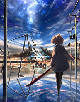 1girl absurdres black_pantyhose blood brown_hair cloud commentary_request from_behind hidulume highres holding holding_weapon kuriyama_mirai kyoto_animation kyoukai_no_kanata long_sleeves medium_hair pantyhose reflection reflective_liquid sky standing star_(sky) starry_sky swing utility_pole wading weapon