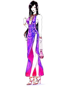 bag bare_legs bracelet breasts brown_hair center_opening commentary dated_commentary dress earrings final_fantasy final_fantasy_vii full_body halter_dress halterneck high_heels highres holding holding_bag jewelry large_breasts limited_palette long_dress long_hair long_legs necklace pearl_bracelet pearl_necklace purple_dress red_eyes serinigalini shirt side_slit simple_background sleeveless sleeveless_shirt slim_legs standing tifa_lockhart very_long_hair white_background