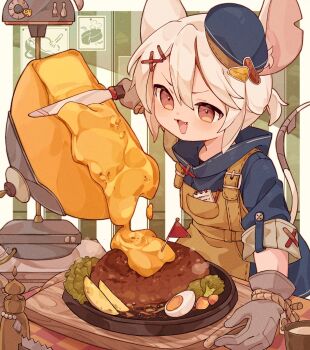 1girl :d animal_ears apron arm_up bad_id bad_twitter_id blue_dress blue_hat border broccoli brown_apron brown_eyes cheese cheese_trail cheese_wheel commentary_request cutting_board dress egg_(food) fang film_grain food gloves grey_gloves hair_between_eyes hair_ornament hairclip hamburger_steak hardboiled_egg hat highres holding holding_knife knife looking_at_viewer melting mini_flag mini_hat mouse_ears mouse_girl mouse_tail open_mouth original plate raclette rope smile solo table tail tetolapis upper_body white_border x_hair_ornament