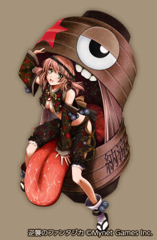 1girl :d arm_up bare_shoulders black_sandals black_shirt black_shorts black_sleeves breasts brown_hair cleavage commentary_request copyright_notice cropped_shirt detached_sleeves full_body green_eyes gyakushuu_no_fantasica headband highres lantern long_hair long_sleeves looking_at_viewer medium_breasts official_art open_mouth sandals shirt shorts simple_background sitting sleeveless sleeveless_shirt smile socks solo tabi ueda_metawo white_socks