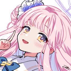 Rule 34 | 1girl, blue archive, blue pupils, blue ribbon, blush, collar, commentary, commentary request, eyelashes, frills, hair bun, hair ornament, halo, hand up, long hair, looking at viewer, mika (blue archive), open mouth, pink hair, pointing, pointing up, purple halo, ribbon, school uniform, scrunchie, shirt, signature, single side bun, smile, solo, thick eyelashes, white background, white collar, white shirt, yellow eyes, zekkyou (h9s9)
