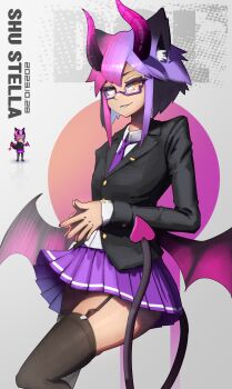 1boy absurdres animal_ear_fluff animal_ears artist_name black_horns black_thighhighs blazer bow bowtie buttons cat_boy cat_ears cat_tail chimera chinese_commentary collar commentary copyright_name crossdressing crossdressing_(mtf) dark-skinned_male dark_skin dated degrees_of_lewdity demon_boy demon_horns demon_tail demon_wings english_commentary garter_belt garter_straps glasses gradient_background gradient_hair gradient_horns grey_background heart heart_tail highres horns jacket lapel_pin lapels long_sleeves male_focus miniskirt mixed-language_commentary multicolored_hair multicolored_horns nail_polish notched_lapels original own_hands_together pink_hair pink_nails pleated_skirt purple_bow purple_bowtie purple_hair purple_horns purple_skirt short_hair shu-stella simple_background skirt slit_pupils solo sprite tail thighhighs trap two-tone_hair two-tone_horns undershirt white_collar wings yellow_eyes zettai_ryouiki