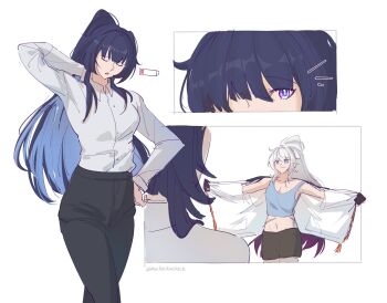 Rule 34 | 2girls, ahoge, battery indicator, blue eyes, colored inner hair, commentary, english commentary, gradient hair, high ponytail, highres, honkai (series), honkai impact 3rd, kiana kaslana, kiana kaslana (herrscher of finality), mscheckacheck, multicolored hair, multiple girls, navel, open clothes, outstretched arms, pants, ponytail, purple eyes, purple hair, raiden mei, raiden mei (herrscher of origin), shirt, shorts, spread arms, tank top, white hair