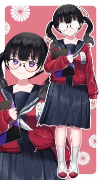 1girl black_hair black_sailor_collar black_serafuku black_shirt choppy_bangs coke-bottle_glasses commentary_request glasses highres holding holding_notebook indie_virtual_youtuber jacket kazepana kazepana_(vtuber) kneehighs long_hair medium_skirt multiple_views name_tag neckerchief notebook official_alternate_costume pink_background pleated_skirt purple_eyes red_jacket round_eyewear sailor_collar school_uniform self-portrait serafuku shirt shoes skirt socks track_jacket twintails uwabaki virtual_youtuber white_neckerchief white_shoes white_socks
