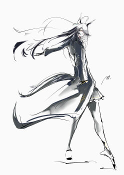 1girl absurdres ahoge animal_ears artist_name black_coat black_hair black_skirt coat commentary ear_ornament ear_tag earrings english_commentary floating_hair hair_over_one_eye hand_in_pocket highres horse_ears horse_girl horse_tail jewelry long_bangs long_hair long_sleeves manhattan_cafe_(umamusume) multicolored_hair nail_polish open_clothes open_coat ringring_(artist) signature simple_background single_earring skirt solo tail umamusume very_long_hair white_background white_hair