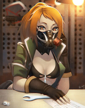 1girl bikini bikini_top_only black_bikini breasts coat code_vein counter film_grain fingerless_gloves gas_mask gloves green_coat highres iris-icecry long_hair looking_at_viewer mask masked orange_eyes orange_hair ponytail respirator rin_murasame small_breasts solo swimsuit wrench